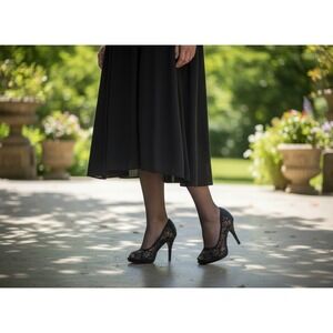 Lulu Townsend Black Lace Peep Toe Platform Pumps Heels Size 8 Evening Formal